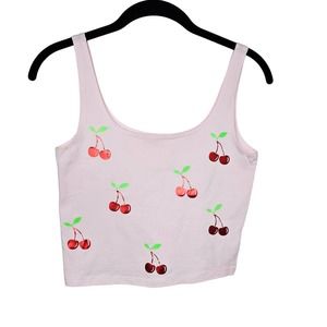 Off Duty NYC Cherries Pink Tank Top Crop Shiny Small/Medium Women's